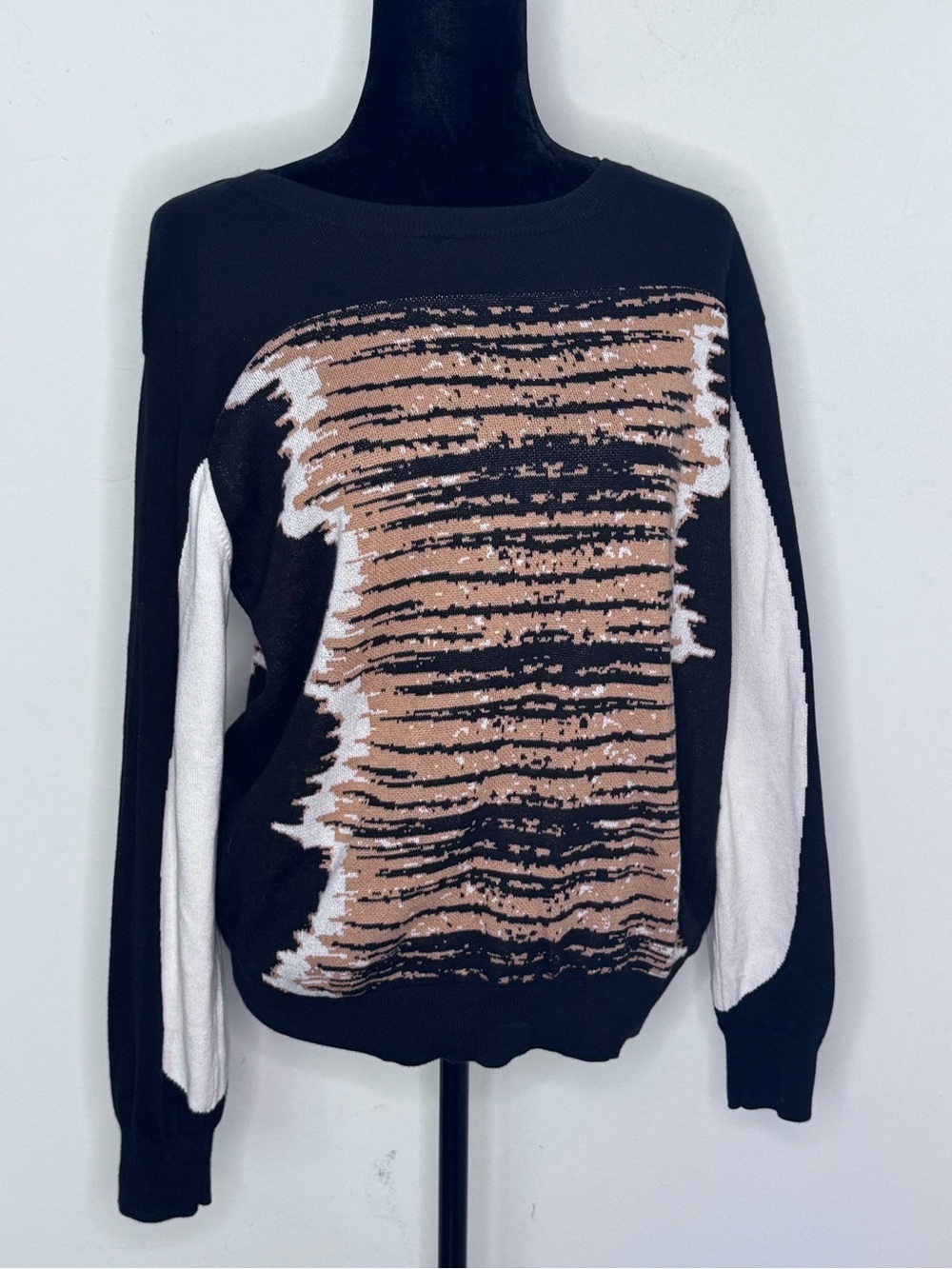 Rebecca Minkoff Lillian Crew Neck Sweater Abstract Colorblock Black Tan White